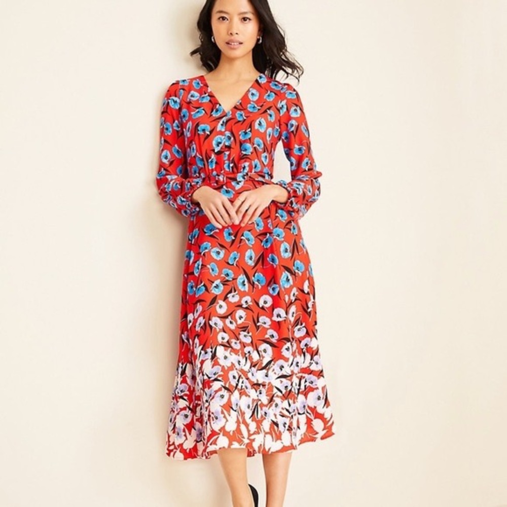 Ann Taylor Red Floral Midi Dress with Blue and White Accents